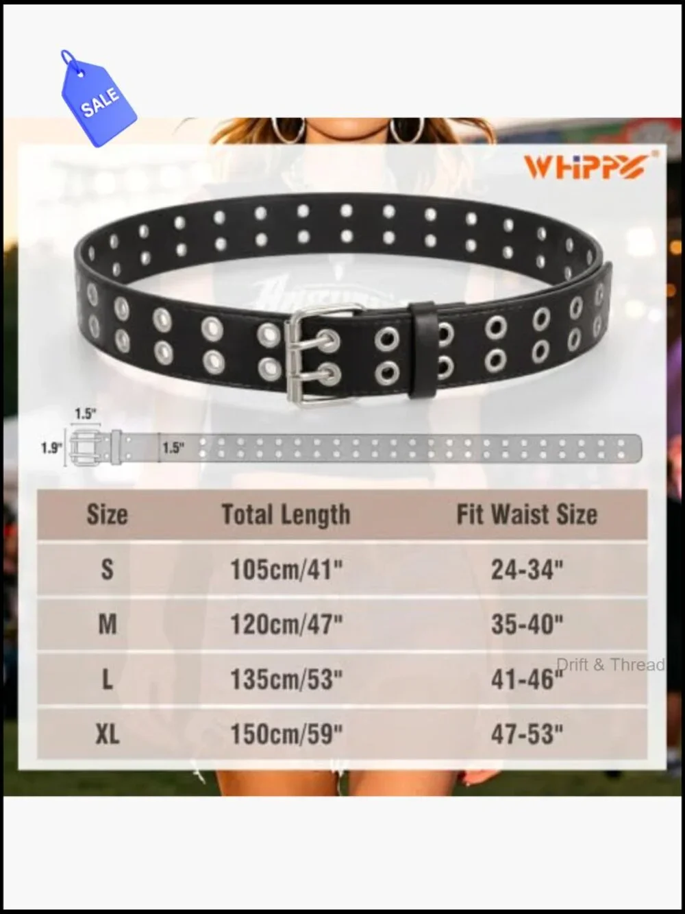 Double Prong Buckle Grommet Belt with Chain Punk Studded PU Leather 1.5